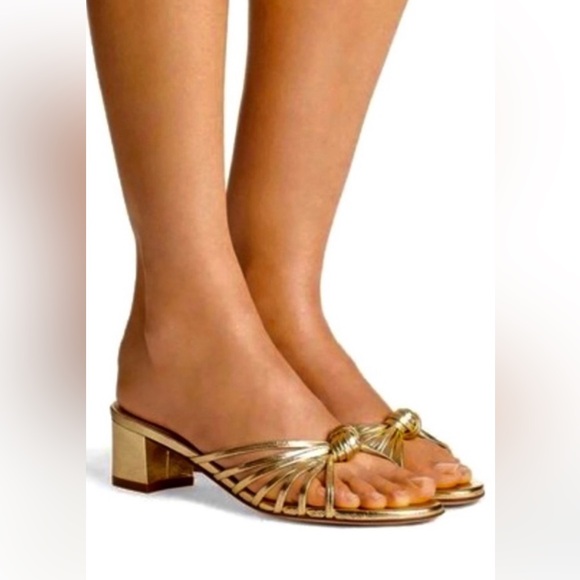 Stuart Weitzman Metallic Gold Knot-Front Heeled Sandals - Picture 2 of 16